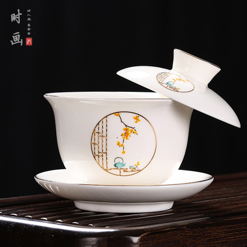 可悬停羊脂玉盖碗茶高档陶瓷三才大号茶碗白瓷防烫功夫茶具简约