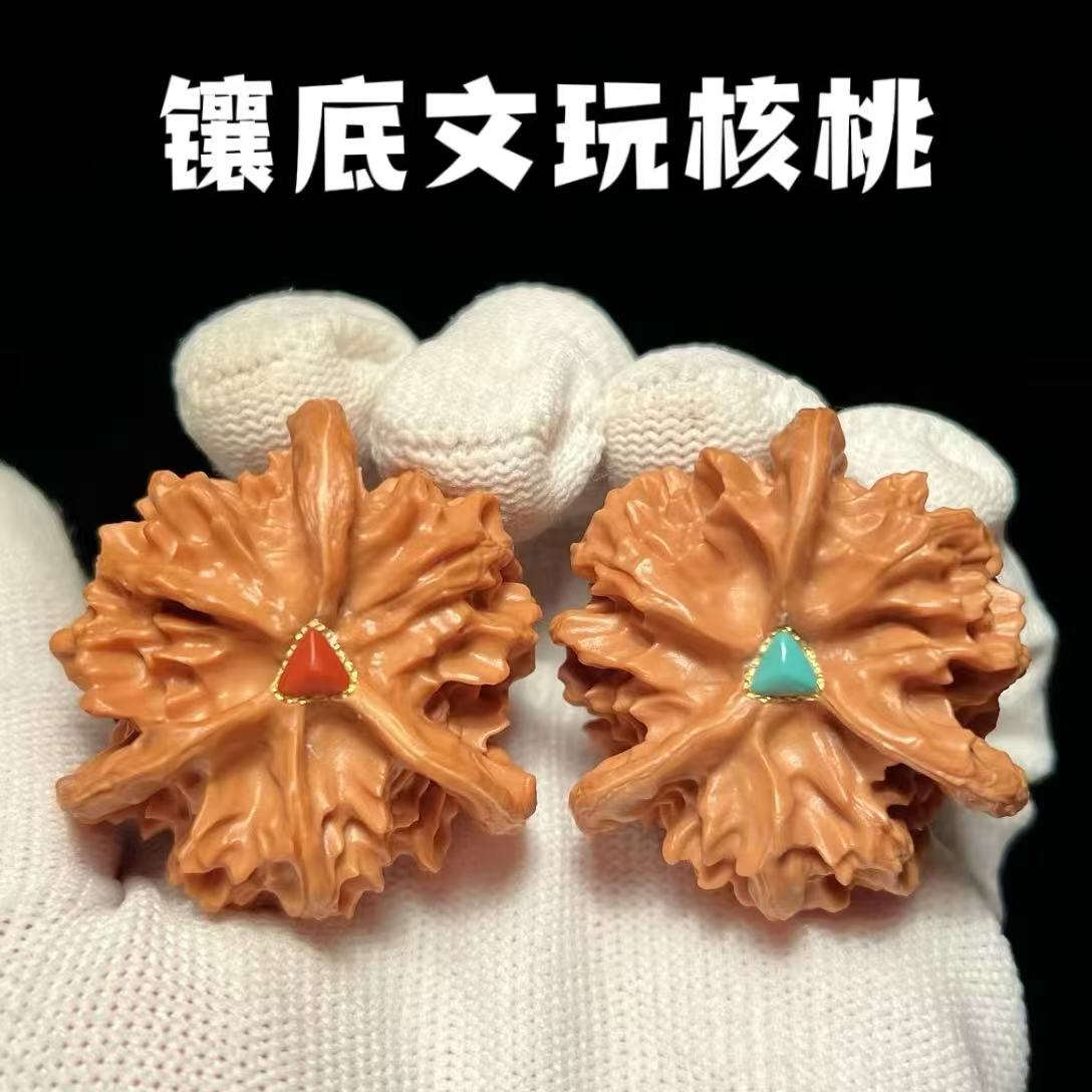 精品文玩核桃雕刻镶嵌封底松石南红镶金边金圈老师傅手工定制