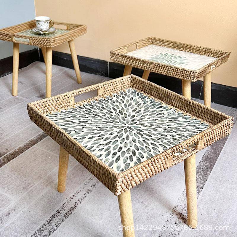 藤编飘窗桌榻榻米贝壳小茶几简约炕桌地台矮桌实木窗台桌电脑方桌