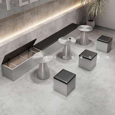 网红轻奢风奶茶店不锈钢靠墙卡座工业风沙发冷饮店长条凳桌椅组合