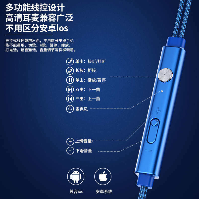 尼龙绳耳机有线入耳式编织布编织线结实耐用耐磨粗线高音质扯不断