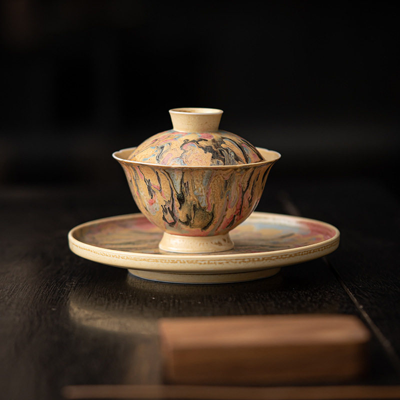 手作敦煌油画柴烧两才盖碗家用泡茶碗小号志野烧个性茶具高端文玩