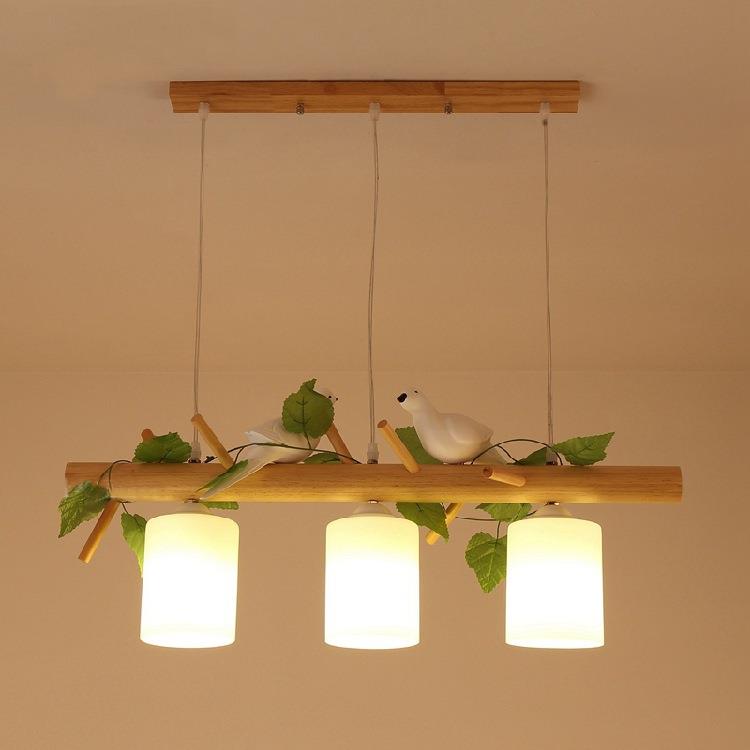 北欧创意原木小鸟餐厅三头简约现代实木艺餐厅饭厅吊灯饰灯具