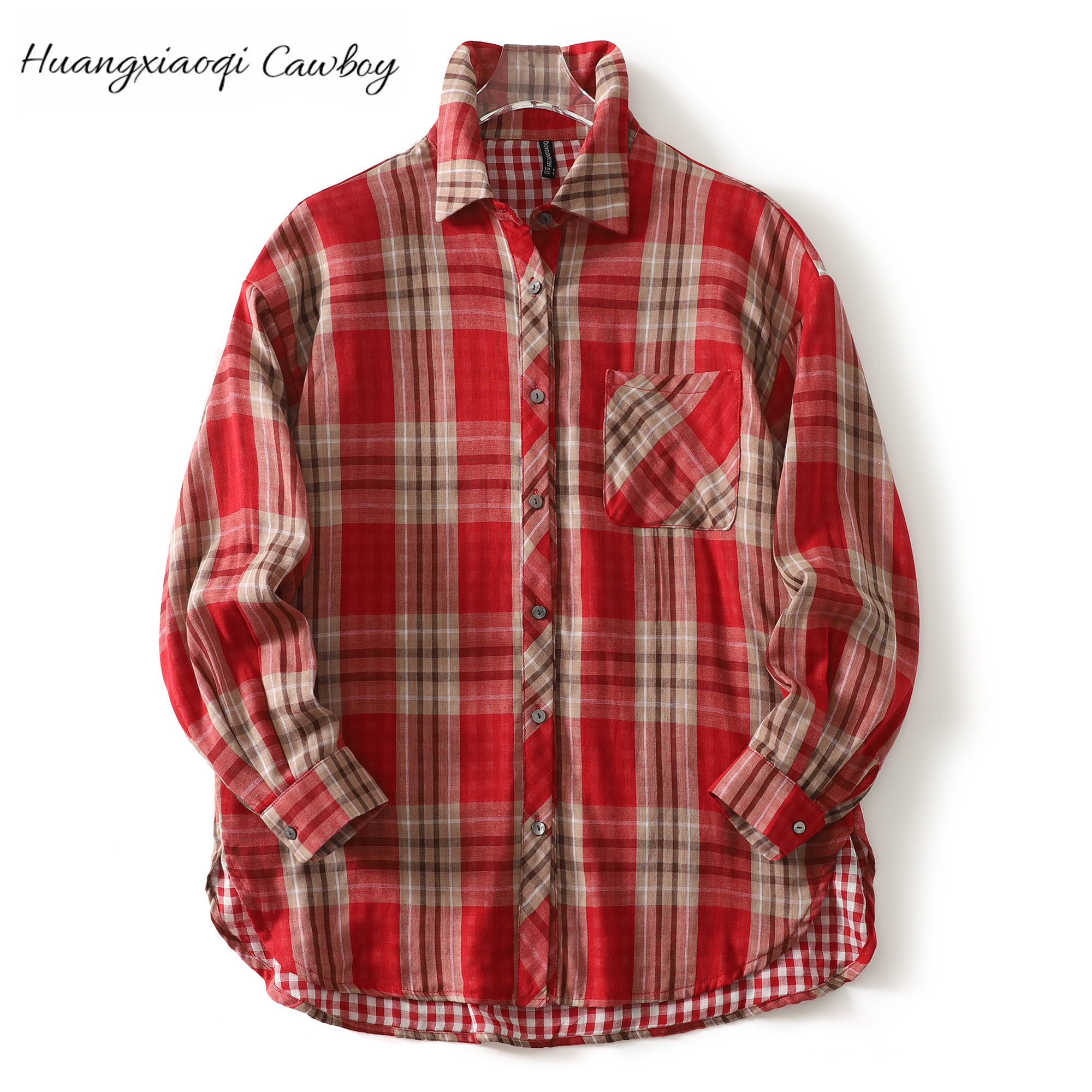 Huangxiaoqi Cowboy新款纯棉双层纱大码衬衫女休闲柔软格子外套