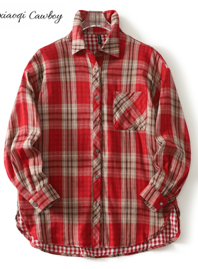 Huangxiaoqi Cowboy新款纯棉双层纱大码衬衫女休闲柔软格子外套