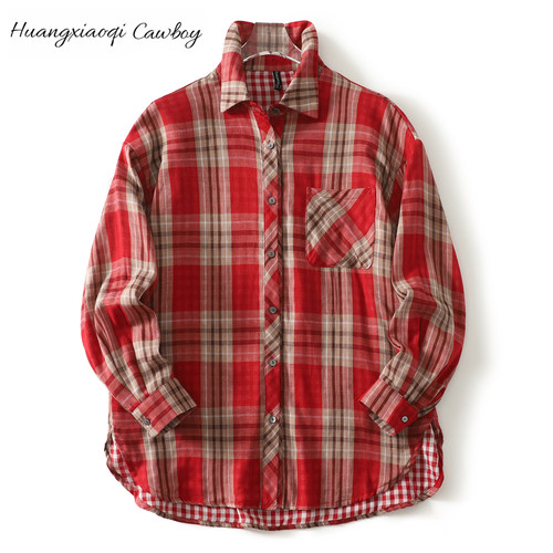 Huangxiaoqi Cowboy新款纯棉双层纱大码衬衫女休闲柔软格子外套