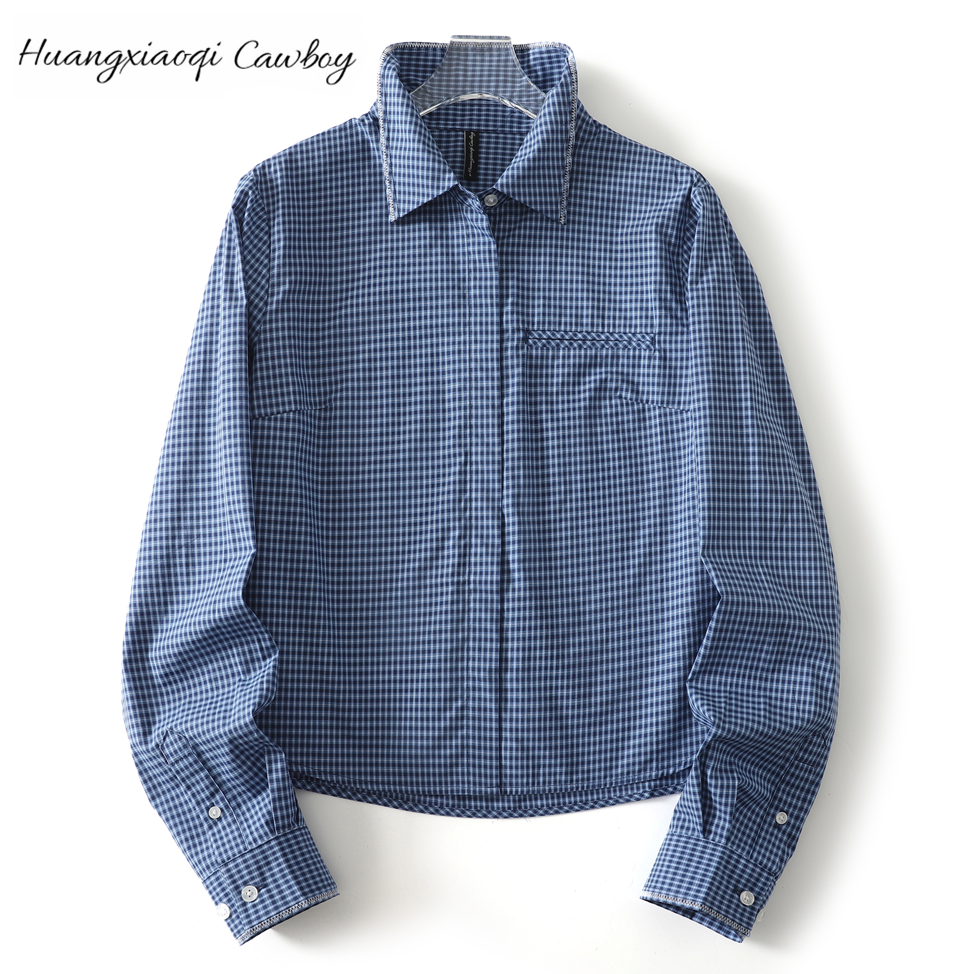 Huangxiaoqi Cowboy新款小个子纯棉格子衬衫女短款百搭长袖百搭款