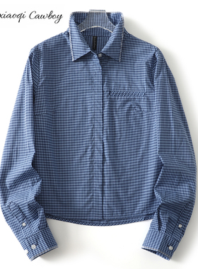 Huangxiaoqi Cowboy新款小个子纯棉格子衬衫女短款百搭长袖百搭款