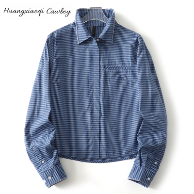 Huangxiaoqi Cowboy新款小个子纯棉格子衬衫女短款百搭长袖百搭款