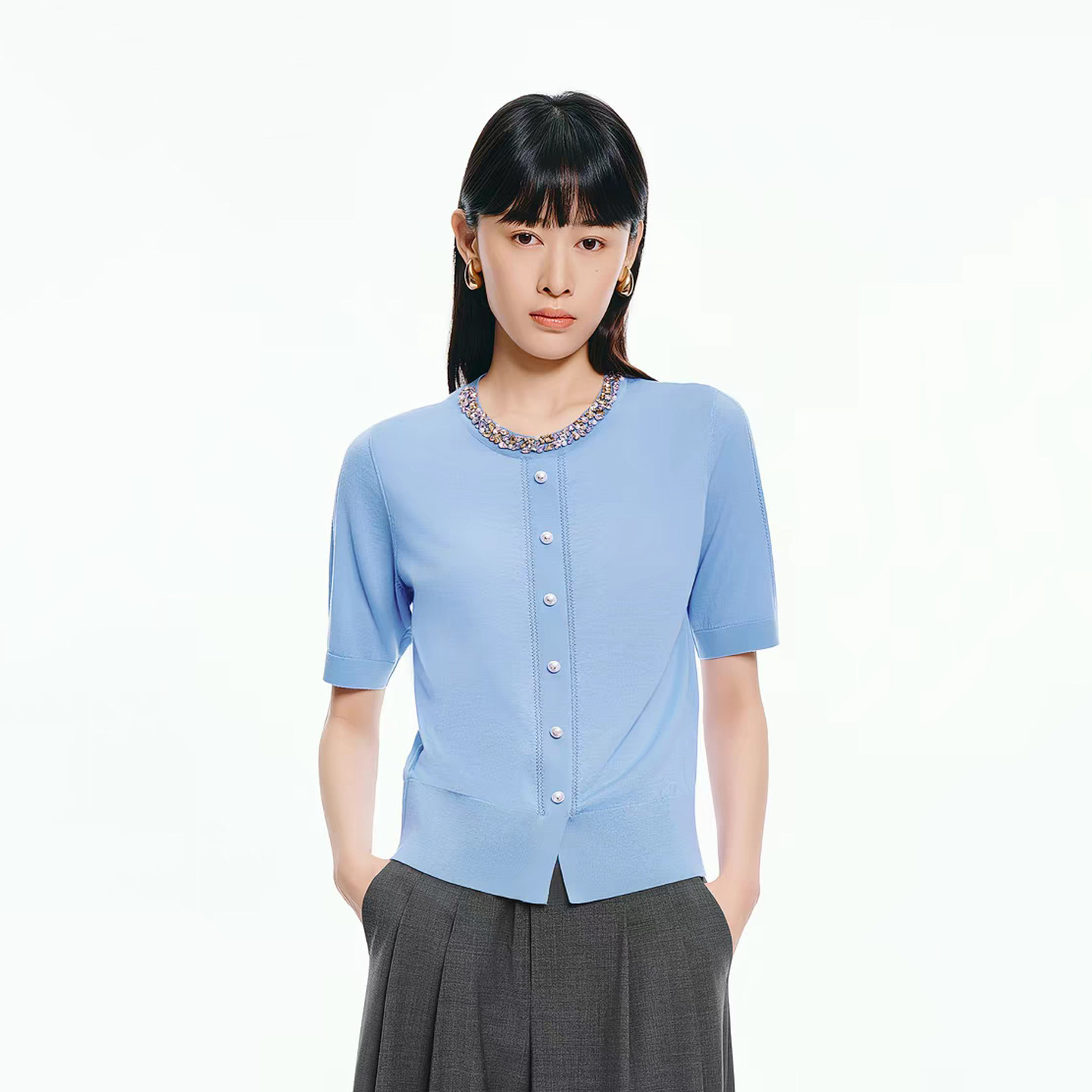 珂莱商场同款2026年夏季新款女装优雅气质钉珠羊毛短袖针织衫上衣