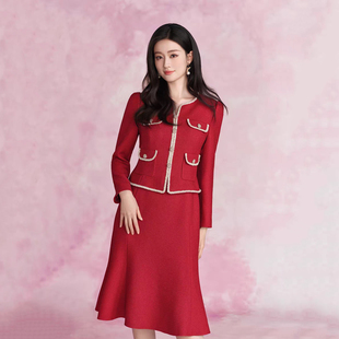 珂莱商场同款2025年秋冬季新款女装气质钉珠花纱香风假两件连衣裙