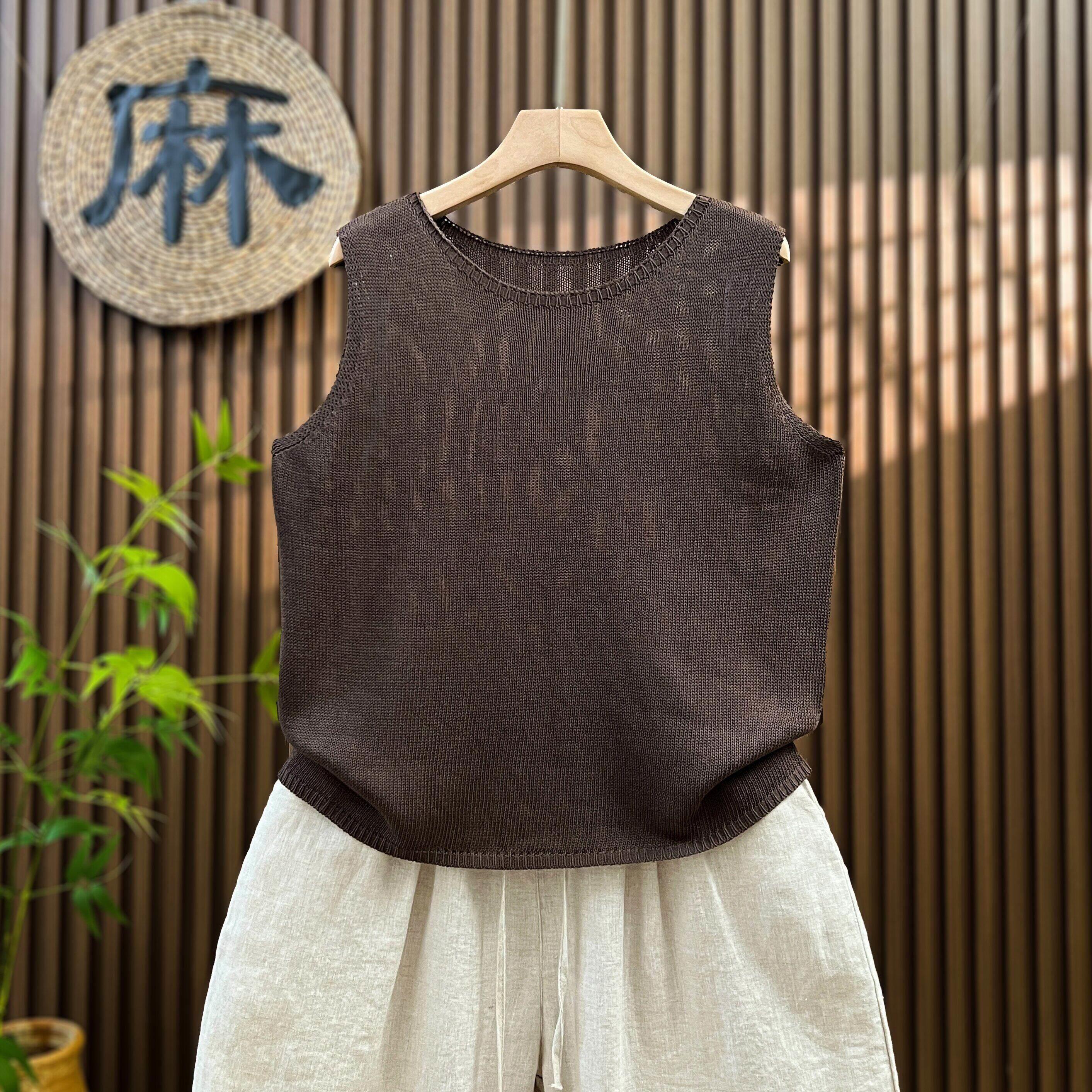 夏季薄薄薄款亚麻圆领针织马甲小背心女外穿宽松大码无袖上衣短款