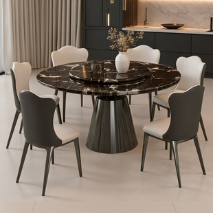 黑玫瑰天然奢石餐桌意式轻奢高级感餐厅家用大理石圆餐桌椅带转盘