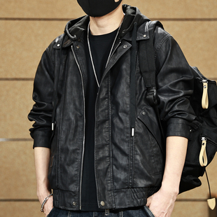 宽松美拉德机车男士 皮衣外套男春秋季 皮夹克潮 可脱卸连帽短款 美式