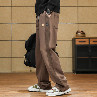 美式高街340g重磅阔腿直筒长裤男宽松大码微弹抽绳户外百搭休闲裤