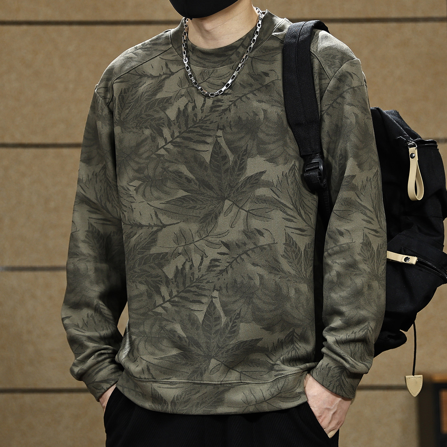 美式复古树叶满印花长袖T恤男2025秋季新款宽松圆领打底衫上衣潮,男装,T恤,淘宝优惠券,粉丝福利购,淘宝优惠卷