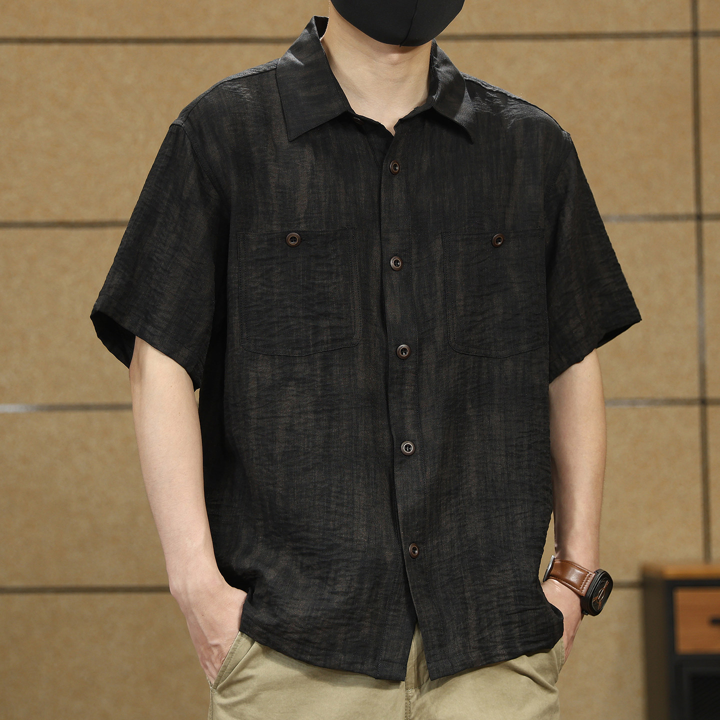 冰氧感透气亚麻混纺斑驳轧染薄款短袖衬衫男士夏季新款休闲衬衣男