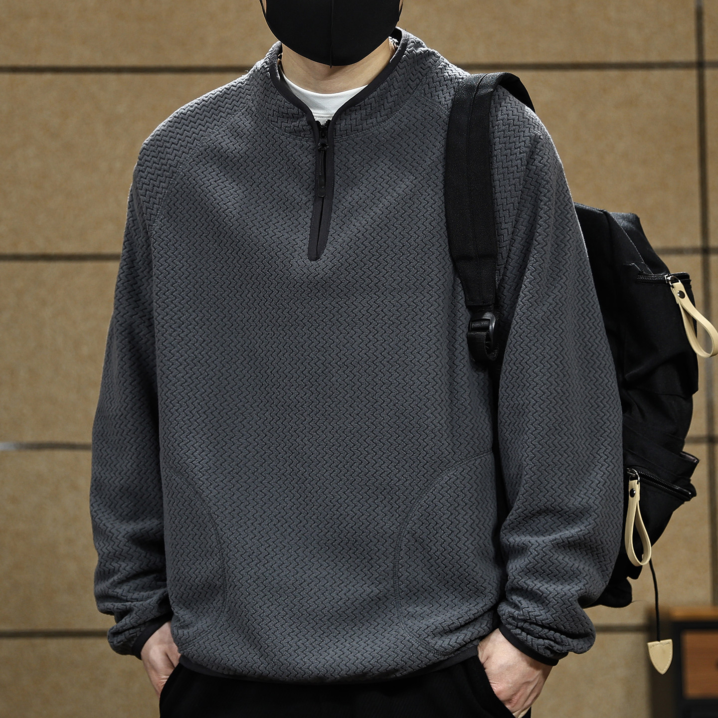 高端美式复古波浪纹卫衣男士2026春季新款宽松半拉链休闲长袖T恤,男装,卫衣,淘宝优惠券,粉丝福利购,淘宝优惠卷