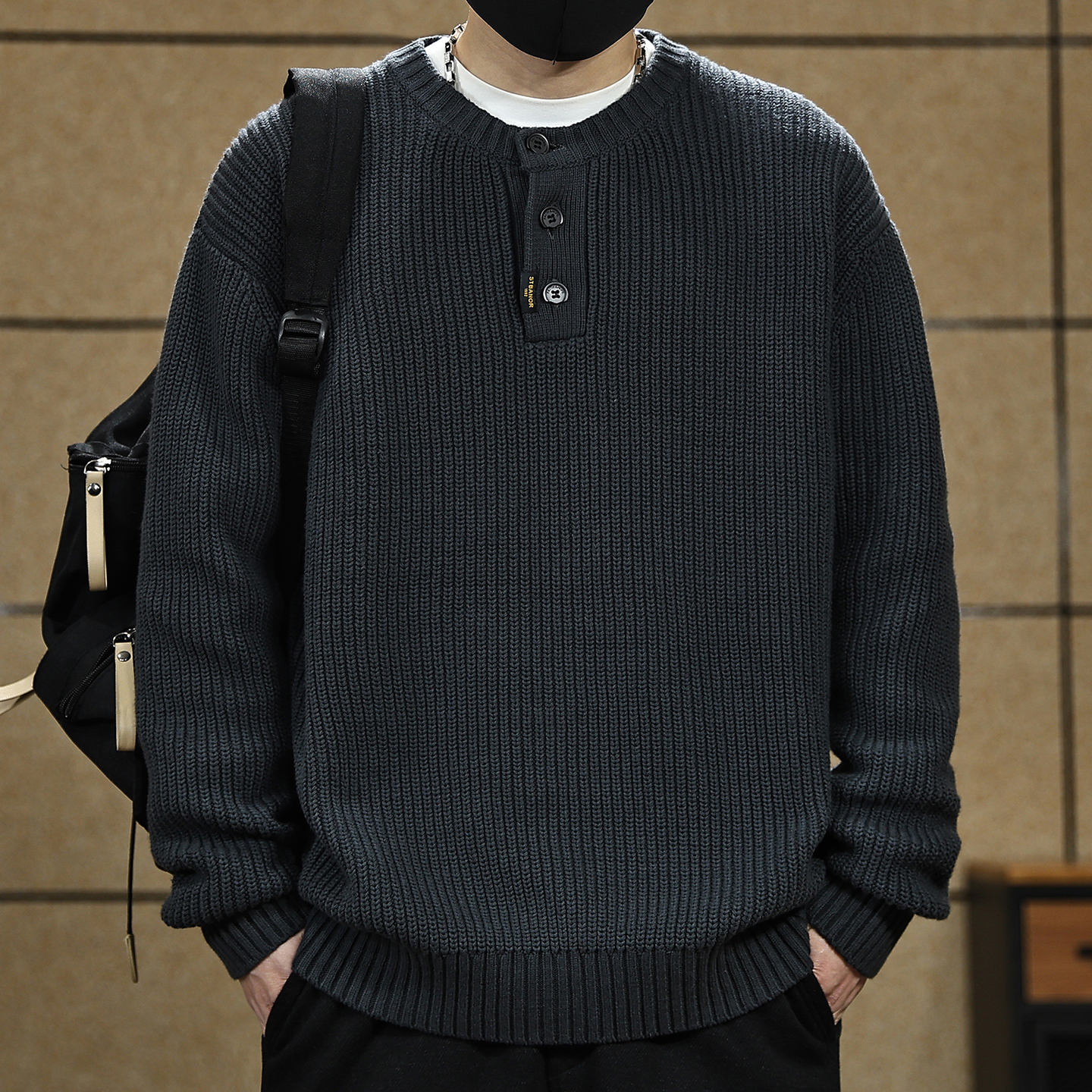 【美式复古竖条纹亨利领毛衣男】