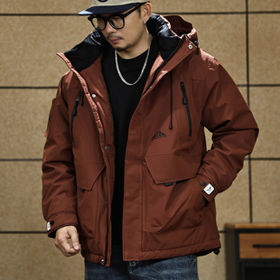 90鸭绒连帽工装羽绒服男士冬季宽松保暖加厚羽绒外套男款潮牌大码