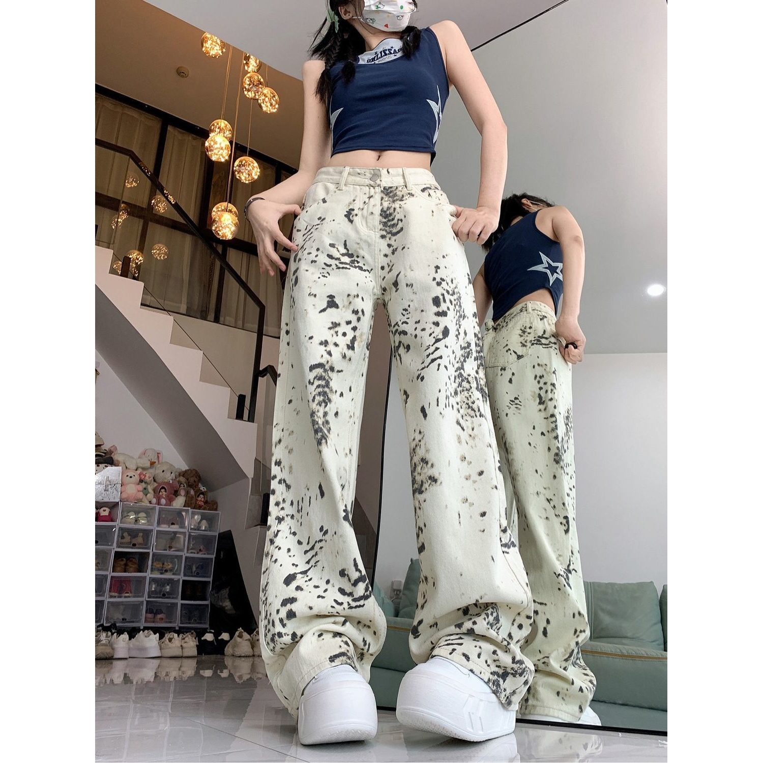 【明星同款】欧美式白色豹纹阔腿牛仔裤女夏季慵懒风设计感宽松高