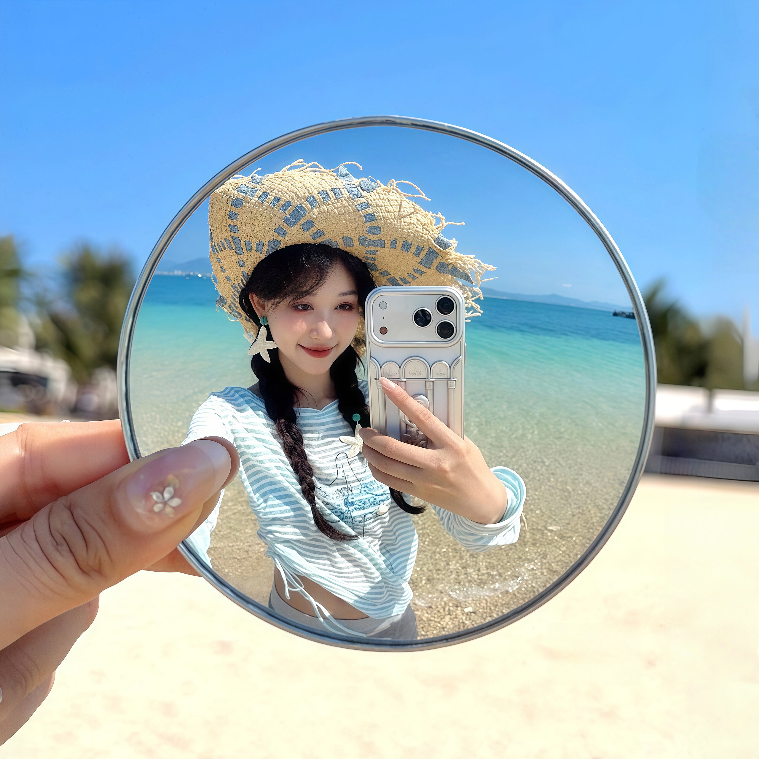 假期出游|凸面镜自拍旅行拍照小圆镜手持吧唧一个人旅游自拍神器