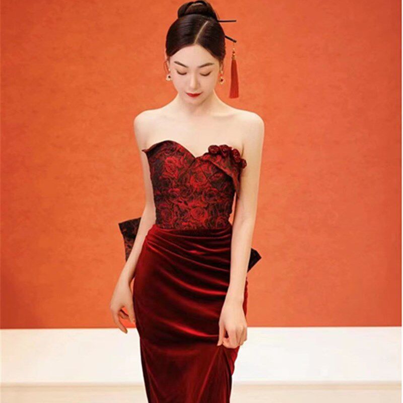 新品酒红色复古新中式o抹胸晨袍女新娘结婚敬酒服小众轻纱晚礼服