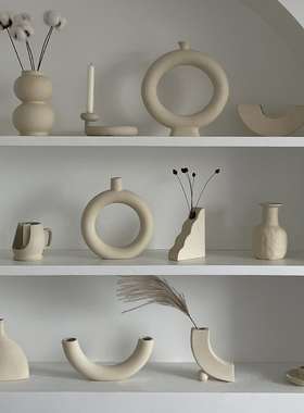 新品侘寂风陶瓷摆件服装店装饰品轻奢家居装饰Q复古粗陶小花瓶桌