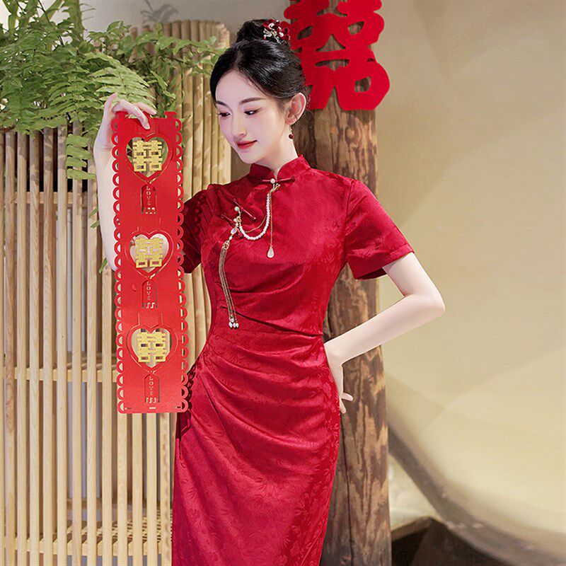 新品酒红色敬酒服新娘o旗袍小个子订婚礼服连衣裙新中式结婚改良