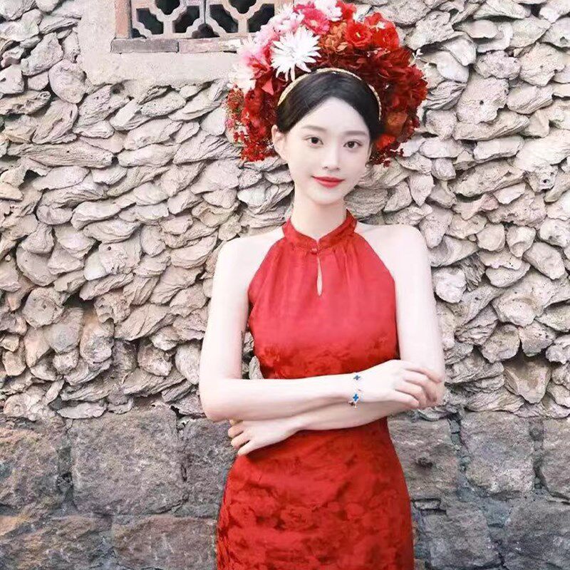 新品红色复古旗袍新中式礼服晨袍女新娘结L婚婚礼回门敬酒服订婚