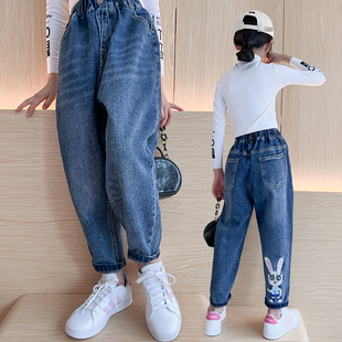老爹 宽松中大童秋装 极速女童牛仔裤 春秋洋派时髦炸街儿童G哈伦裤