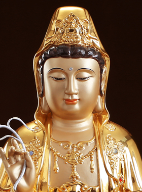 极速贴金镶宝南海观音佛像v供佛家用纯铜观世音菩萨铜像客厅保平