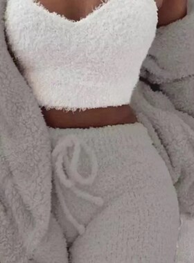 极速Autumn Winter 3 Piece Fluffy Outfits Plush Sexy BaZckles