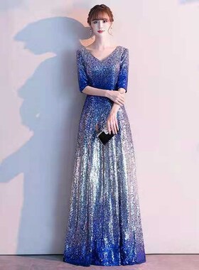 极速大码胖cmm晚礼服女宴会高端渐变蓝色高贵气质肥人遮肚显瘦主