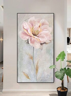 新品手绘油画《富贵牡丹》玄关挂画轻奢花卉别墅客U厅背景墙装饰