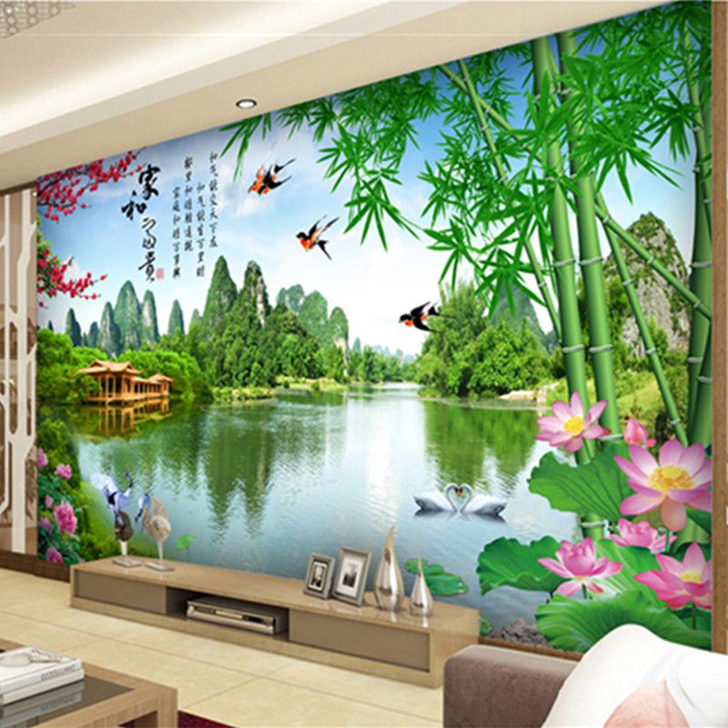 新品8d中式客厅电视背景墙壁纸荷花竹子风景山水画U3D立体沙发静