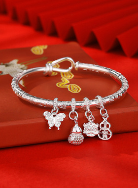 吉言足银9999银手镯女纯银醒狮蝴蝶葫芦富贵新中式级感网红镯子