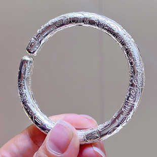 足银999圆吉言银手镯女实心开口复古饰品闭口多宝手工镯子送妈妈