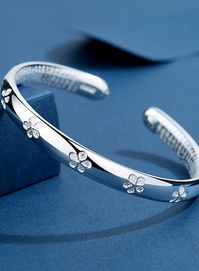 足银9999手镯女纯银实心开口时尚设计手饰品网红简约复古梅花镯子