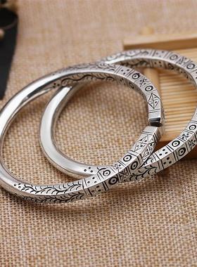 纯银四方雕刻手镯开口复古