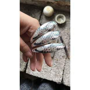 手工鱼形年年有余银手镯足银999纯银手镯女款 实心定制饰品雪花银