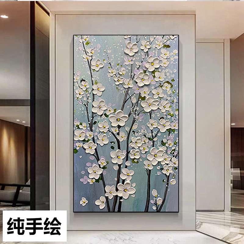 梅花发财树手绘油画对门玄关竖肌理蓝色新中式装饰画风景客厅挂画图片