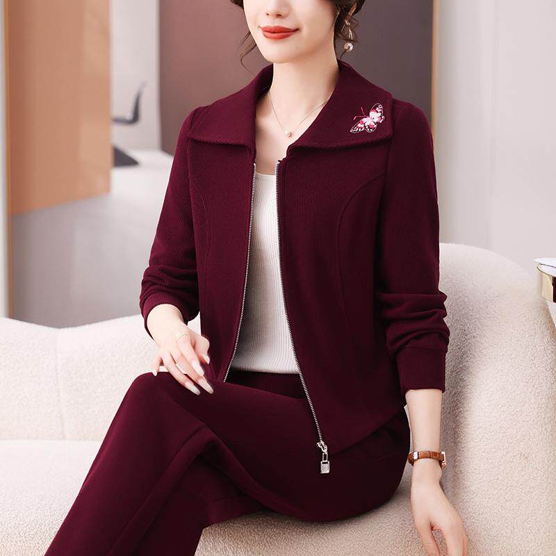 翻领刺绣品牌女士妈妈春装外套2025新款洋气上衣两件套中老年女春