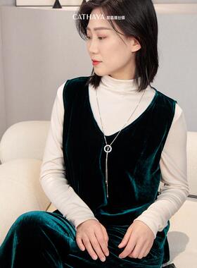 CATHAYA/凯喜雅新中式国风桑蚕丝真丝丝绒背心马甲女ZZK1FBJJ002