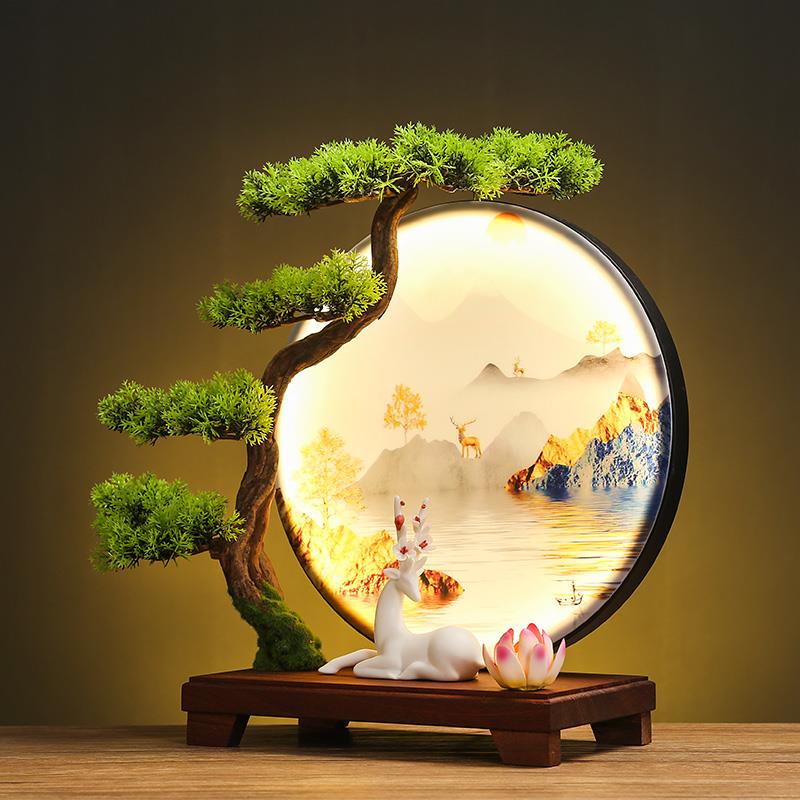 新中式仿真迎客松新款桌面摆件客厅电视柜玄关禅意灯圈软装饰品