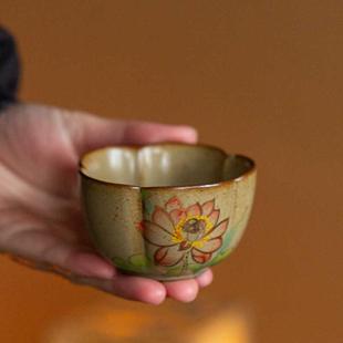 复古手绘荷花杯大容量梅花杯单个茶杯陶瓷主人杯高档功夫茶具