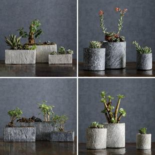 创意北欧长方形复古圆柱水泥仿石透气花盆模具绿萝多肉水泥花盆