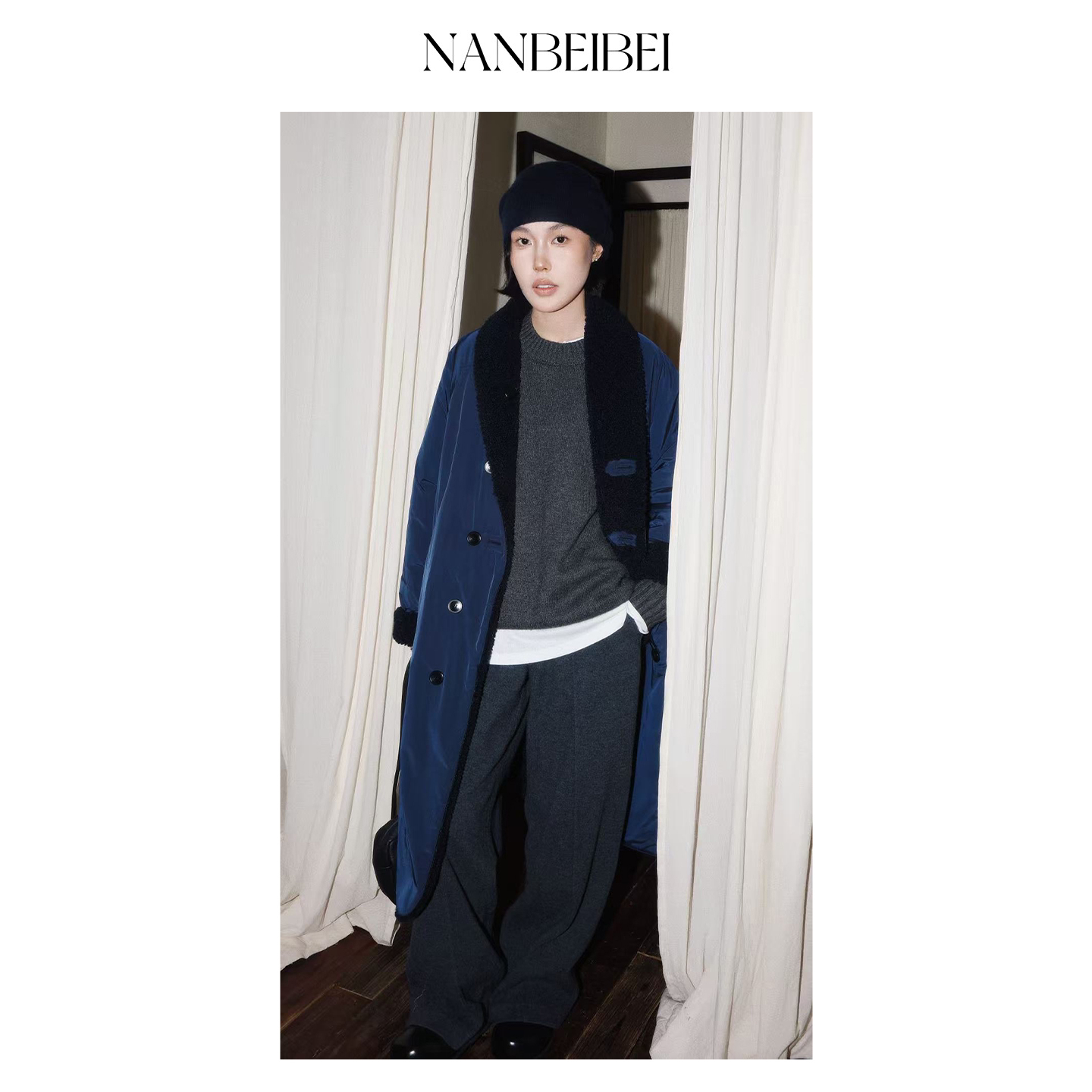 NANBEIBEI南北贝'双面棉服大衣'长款毛毛棉衣女冬季新款宽松藏蓝