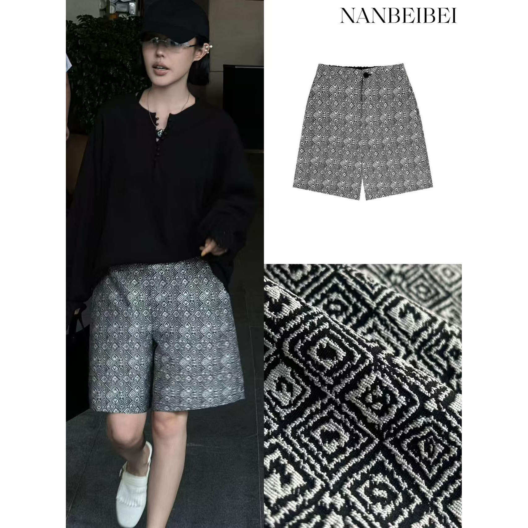 NANBEIBEI【南北贝】‘粗花布’ 小众设计款百搭几何菱格图案短裤