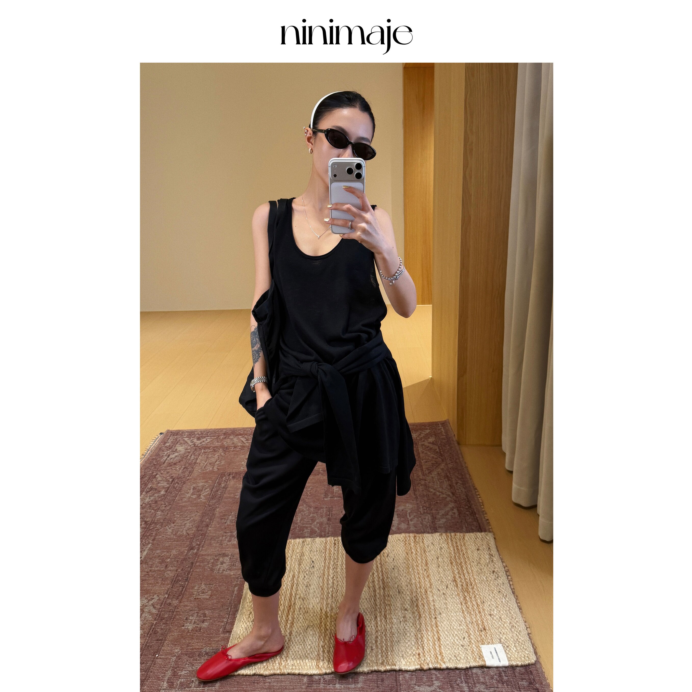 NANBEIBEI南北贝黑色束脚裤女春季休闲长裤垂感收脚裤纯色运动裤